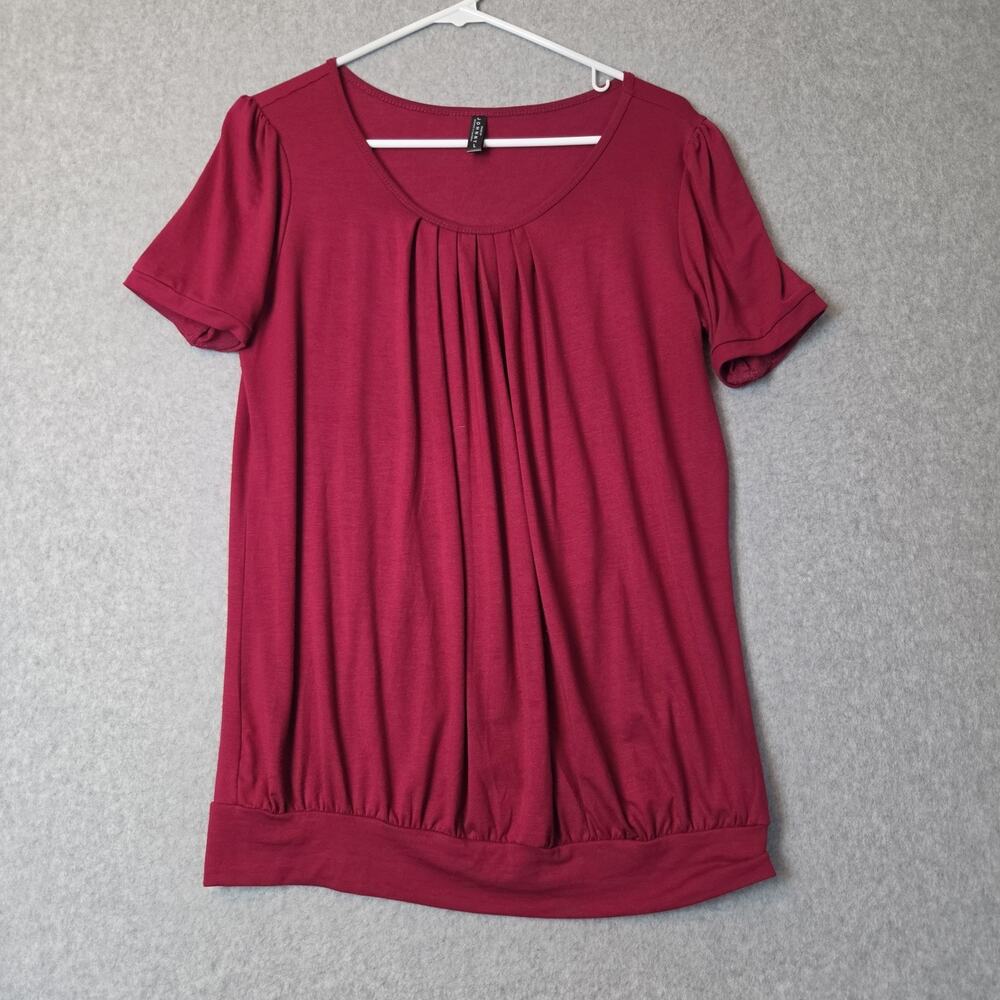 Made By Johnny Wine Red SS Pleated Scoop Neck Modal Blouse Women's Large Stretch